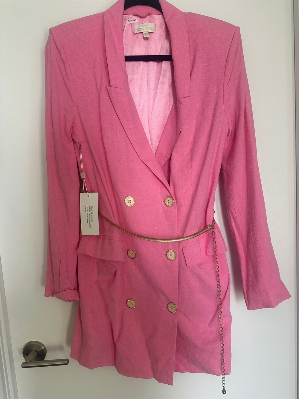 Ronny Kobo Collection Pink Double-Breasted Blazer with Gold Chain Belt